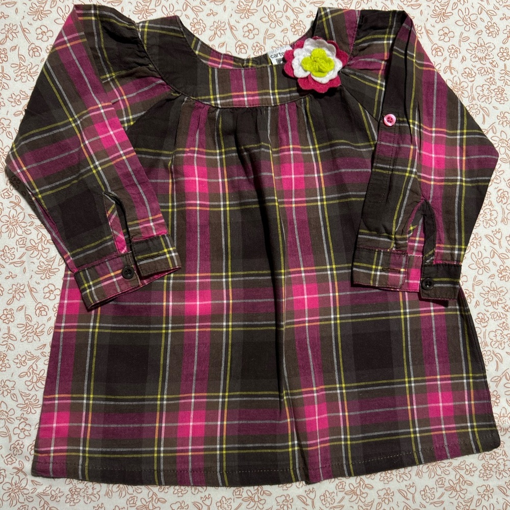 Carter's Pink and Brown Plaid Dress with Floral Detail